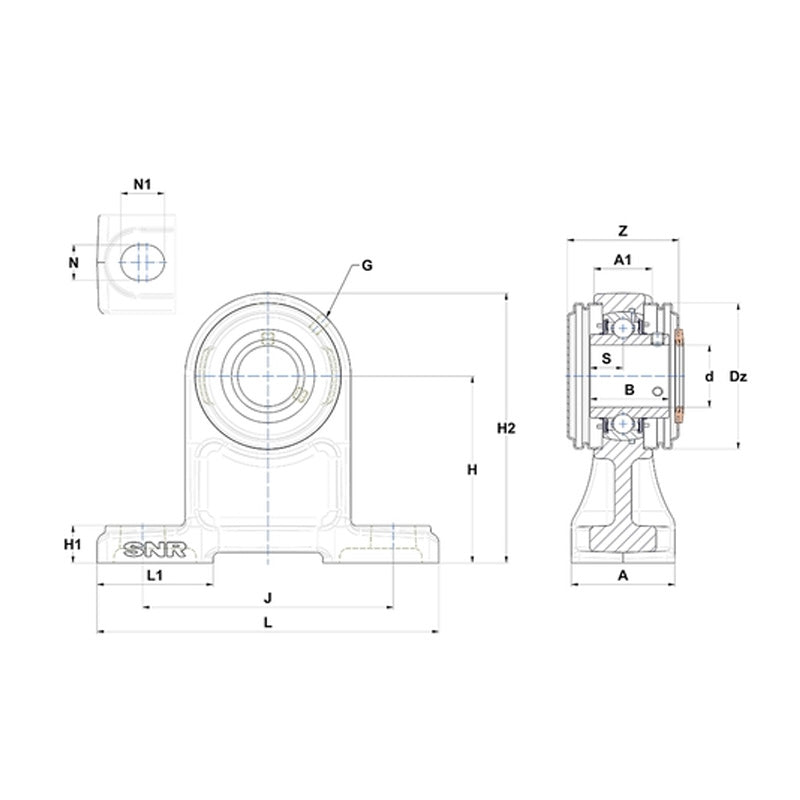 SNR USPH204CO Metric Cast Iron High Centre Height Two Bolt Pillow / Plummer Block Housing with 20mm Bore Insert with Narrow Steel Plate Cover - Open Version - Allow 2-3 Days