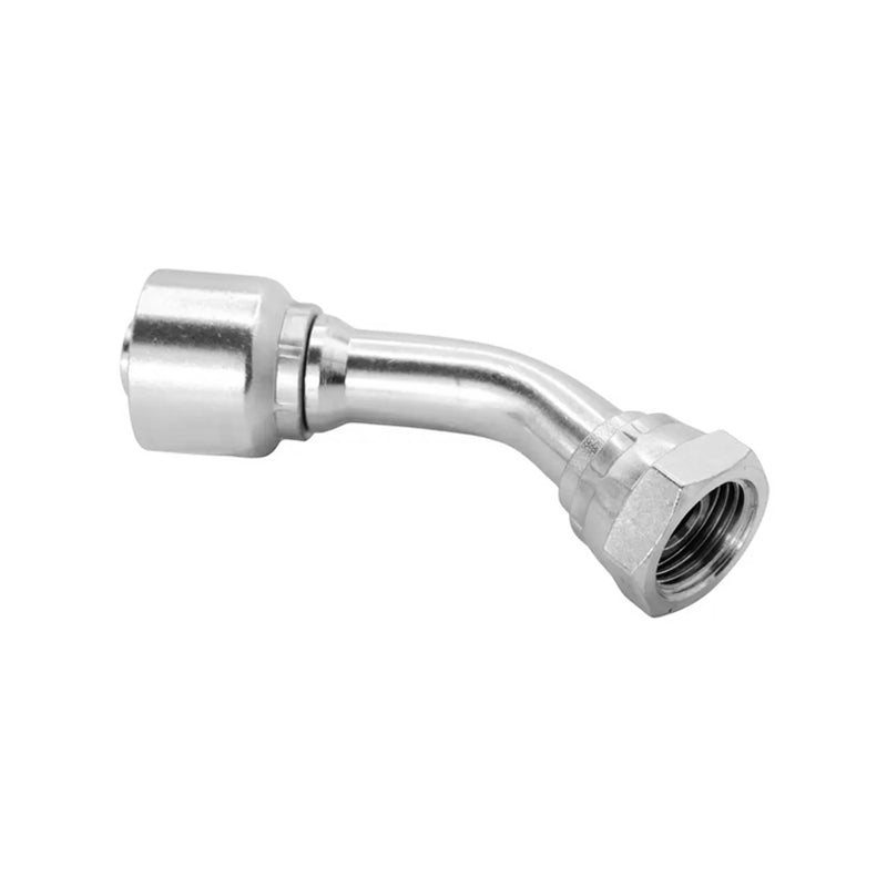 FLEXEQUIP 1/2 inch BSP Female One Piece Hose Fitting with 45 Degree Angle 60 Degree Cone and 27mm Crimp Nut - Allow 2-3 Days