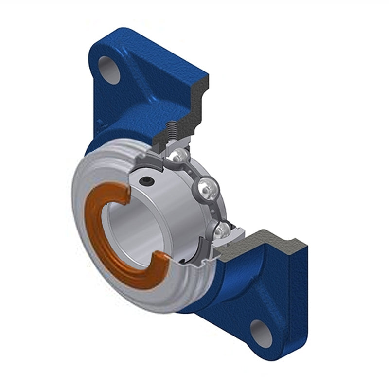 SNR USF202CO Metric Four Bolt Square Cast Iron Flange Housing with 15mm Bore Insert with Narrow Steel Plate Cover - Open Version - Allow 2-3 Days