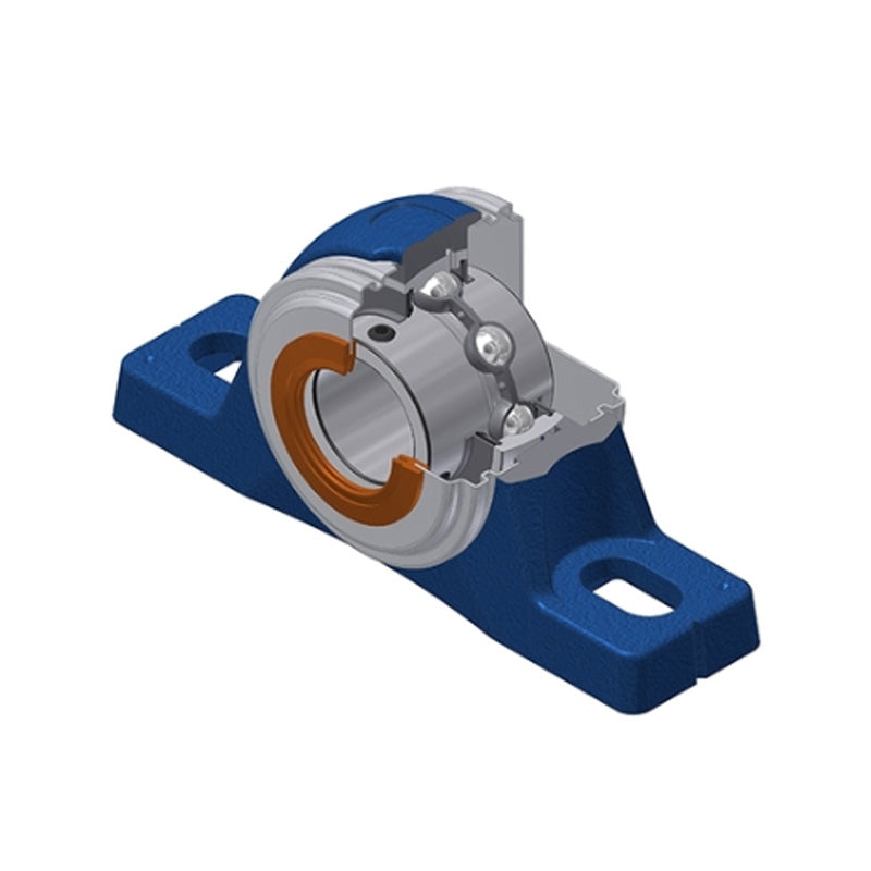 SNR UCPLE205CO Metric Cast Iron Two Bolt Pillow / Plummer Block Housing with 25mm Bore Insert with Narrow Steel Plate Cover - Open Version - Allow 2-3 Days