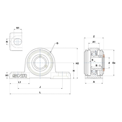 SNR USP205CO Metric Cast Iron Two Bolt Pillow / Plummer Block Housing with 25mm Bore Insert with Narrow Steel Plate Cover - Open Version - Allow 2-3 Days