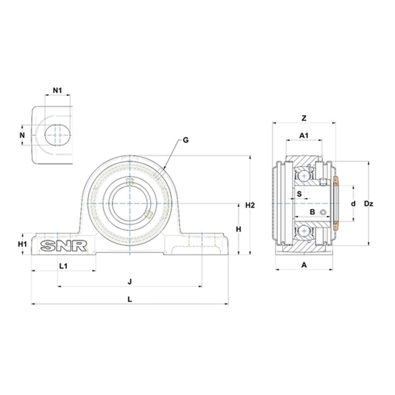SNR USP209CO Metric Cast Iron Two Bolt Pillow / Plummer Block Housing with 45mm Bore Insert with Narrow Steel Plate Cover - Open Version - Allow 2-3 Days
