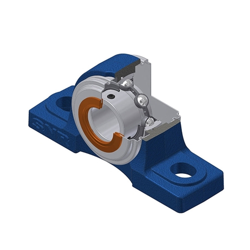SNR USP205CO Metric Cast Iron Two Bolt Pillow / Plummer Block Housing with 25mm Bore Insert with Narrow Steel Plate Cover - Open Version - Allow 2-3 Days