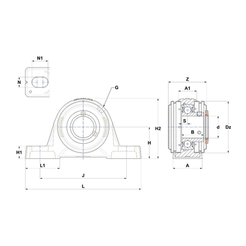 SNR USPE203CC Metric Cast Iron Two Bolt Pillow / Plummer Block Housing with 17mm Bore Insert with Narrow Steel Plate Cover - Closed Version - Allow 2-3 Days