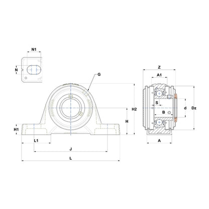 SNR USPE211CO Metric Cast Iron Two Bolt Pillow / Plummer Block Housing with 55mm Bore Insert with Narrow Steel Plate Cover - Open Version - Allow 2-3 Days